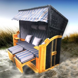 BRAST Strandkorb Sylt 2-Sitzer für 2 Personen 115cm breit blau hellblau weiß gestreift extra Fußkissen incl Abdeckhaube Gartenliege Sonneninsel Poly-Rattan