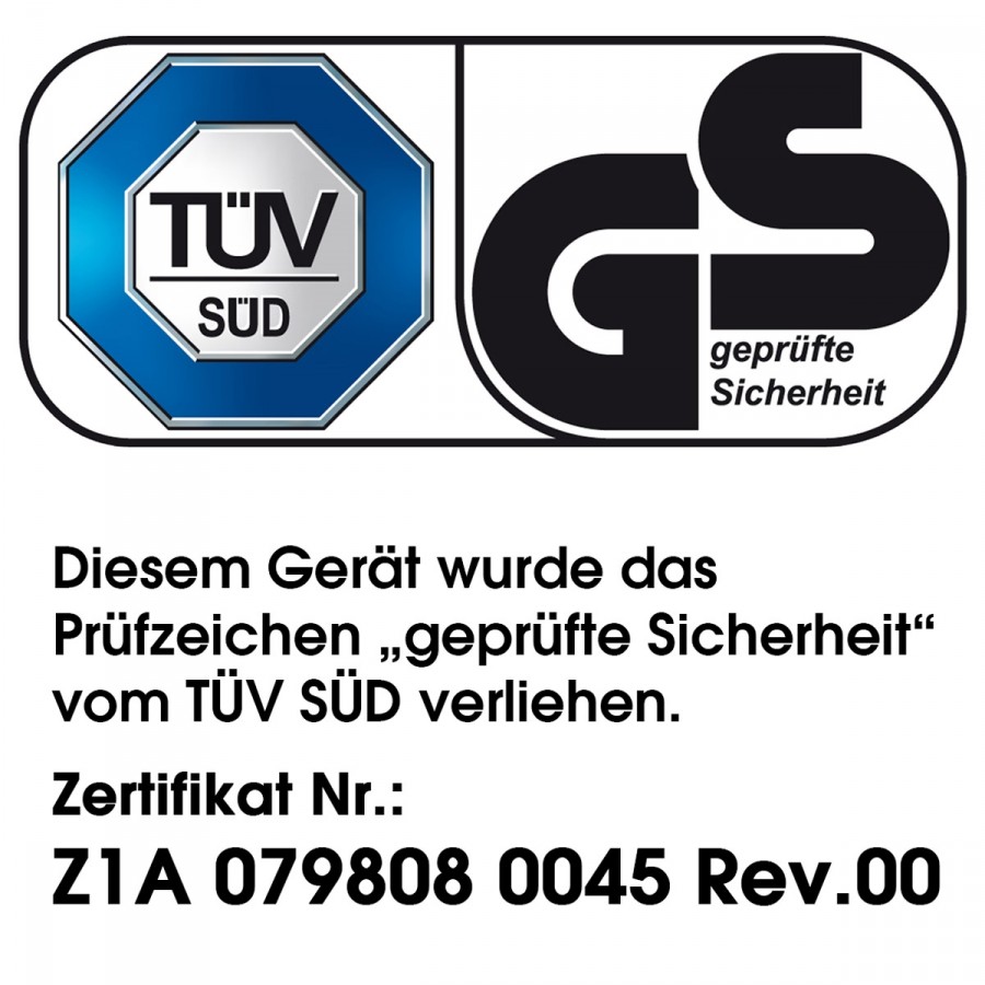 vom TÜV Süd getestet mit Zertifikat "geprüfte Sicherheit"